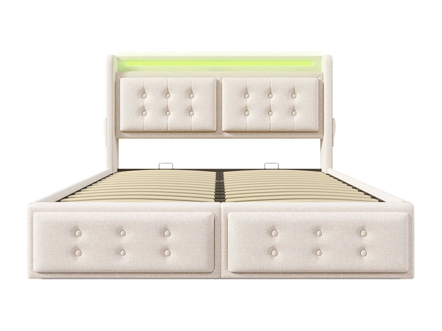 Tweepersoonsbed gestoffeerd 180x200 met LED-hoofdbord en USB C-lader, hydraulisch bed, beige (zonder matras)