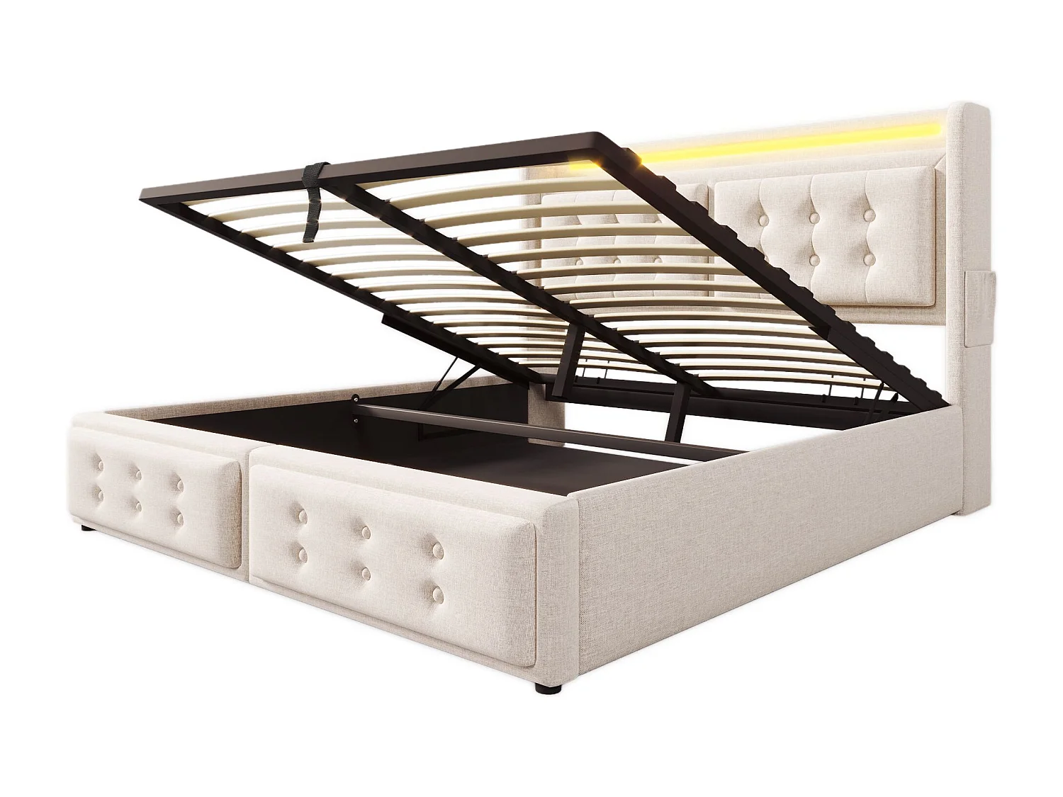 Tweepersoonsbed gestoffeerd 180x200 met LED-hoofdbord en USB C-lader, hydraulisch bed, beige (zonder matras)
