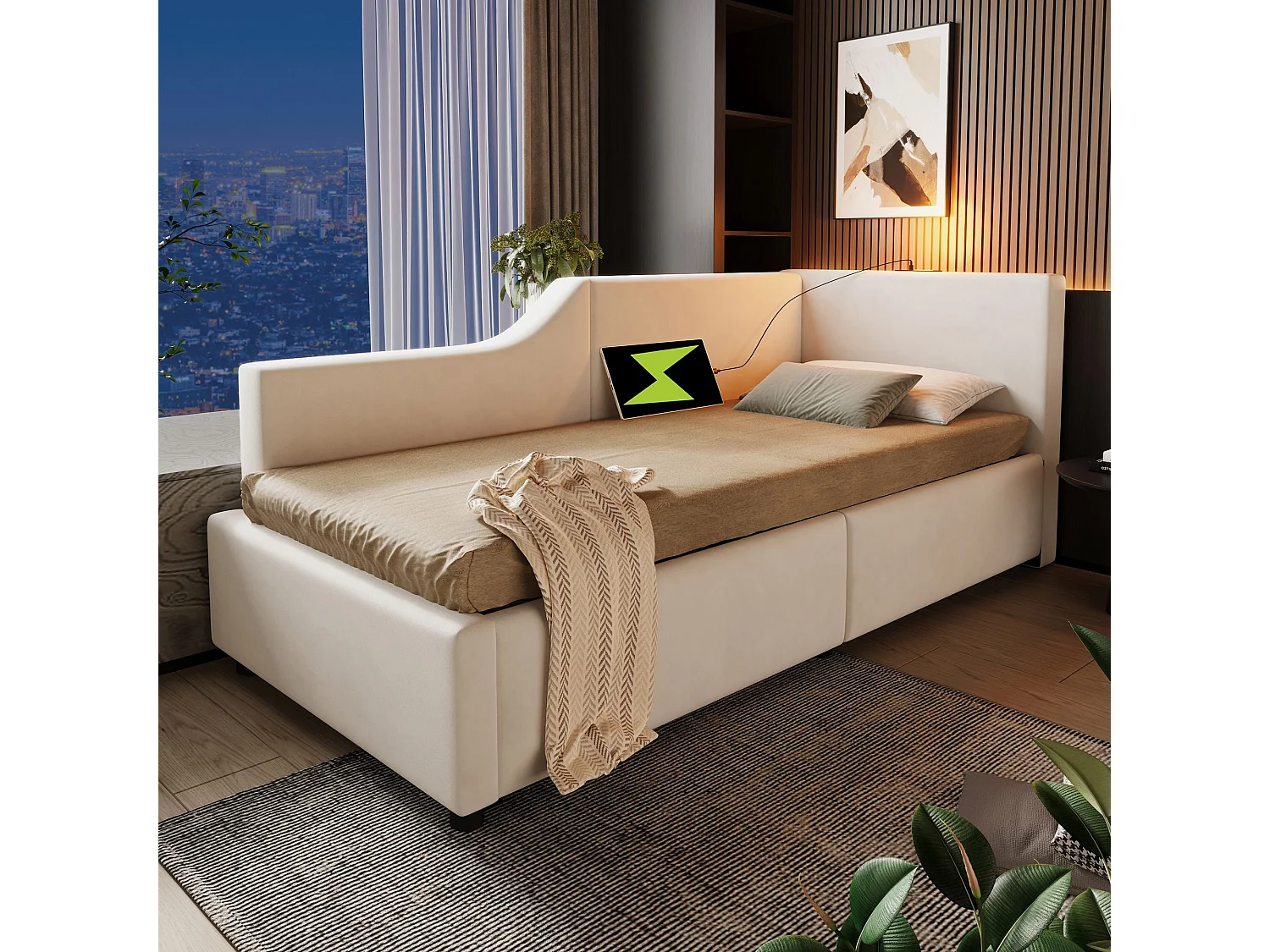 Lit de jour rembourré 90x200cm, canapé-lit avec fonction liseuse et recharge USB-C, beige