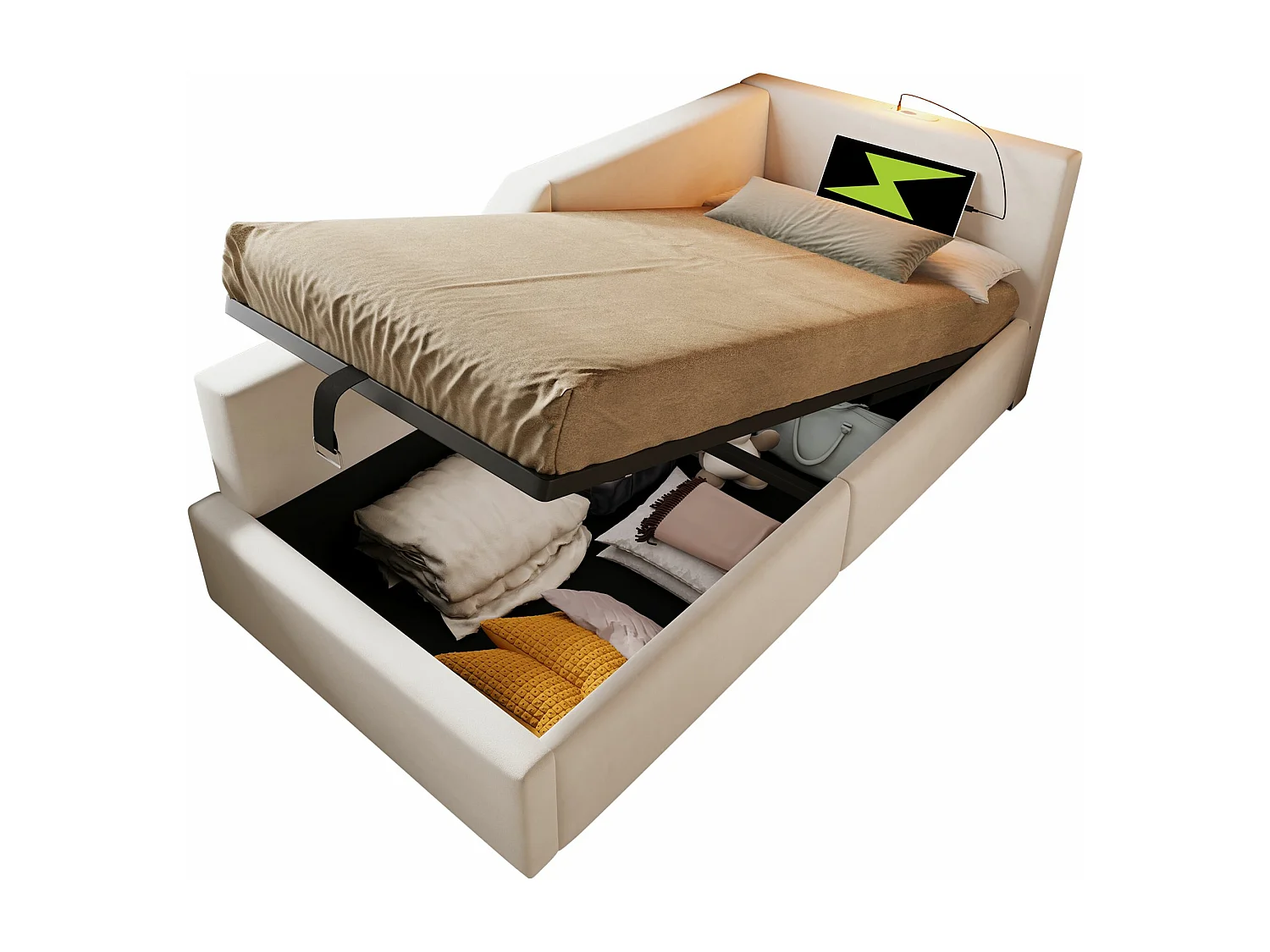 Lit de jour rembourré 90x200cm, canapé-lit avec fonction liseuse et recharge USB-C, beige