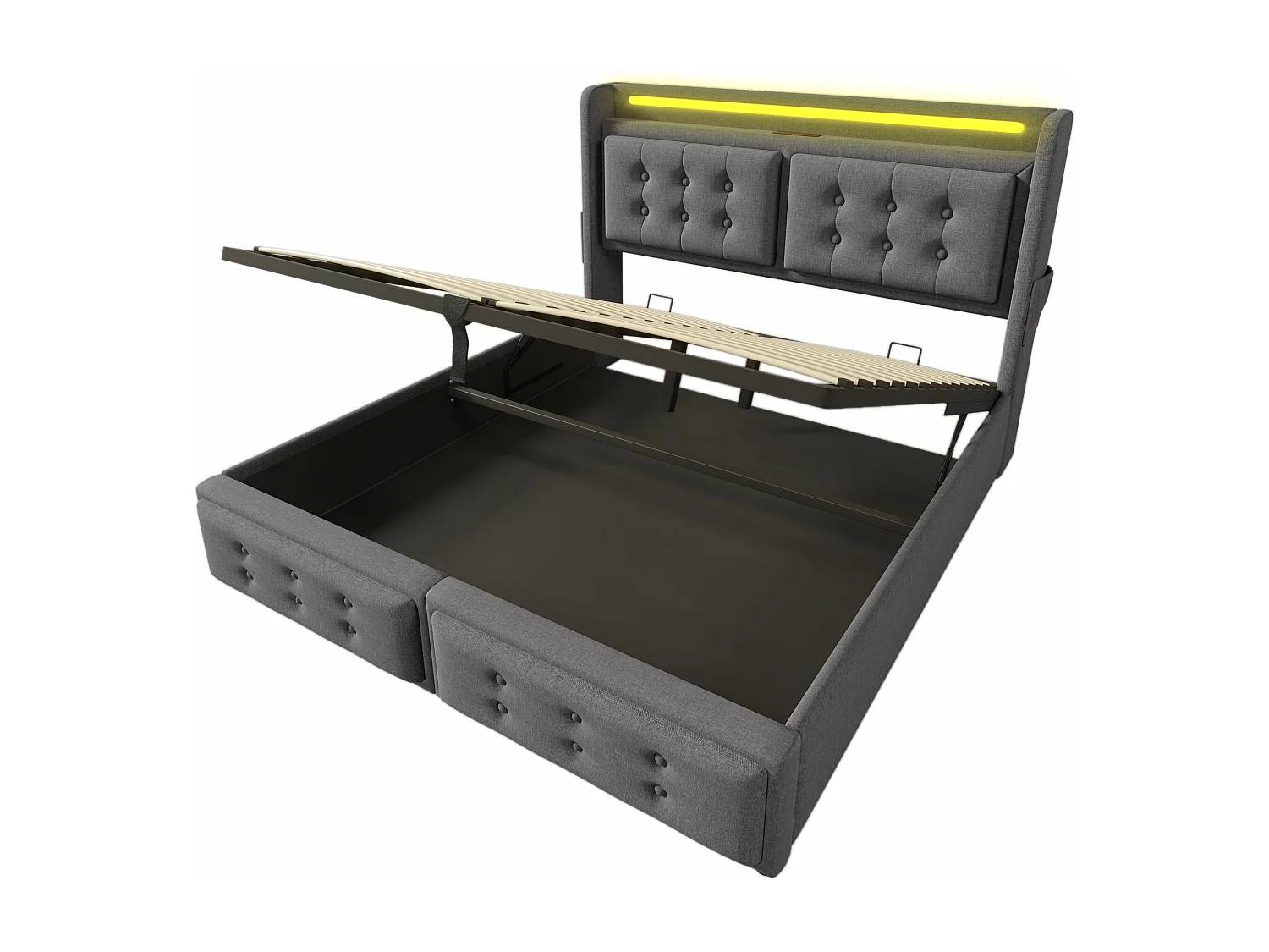 Cama de casal estofada 140x200 com cabeceira LED e carregador USB C, cama hidráulica, cinzento (sem colchão)