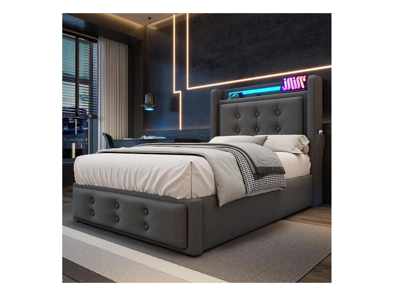 Eenpersoonsbed 90x200 met LED-hoofdbord en USB C-lader, hydraulisch bed, grijs (zonder matras)
