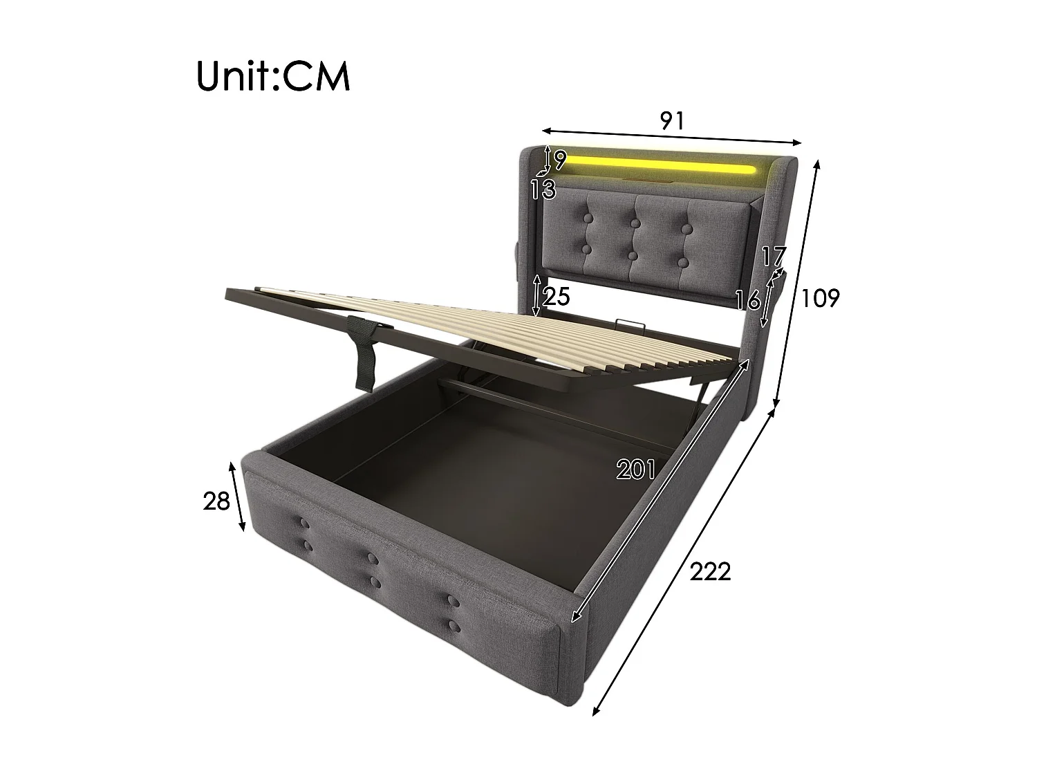 Cama individual estofada 90x200 com cabeceira LED e carregador USB C, cama hidráulica, cinzento (sem colchão)