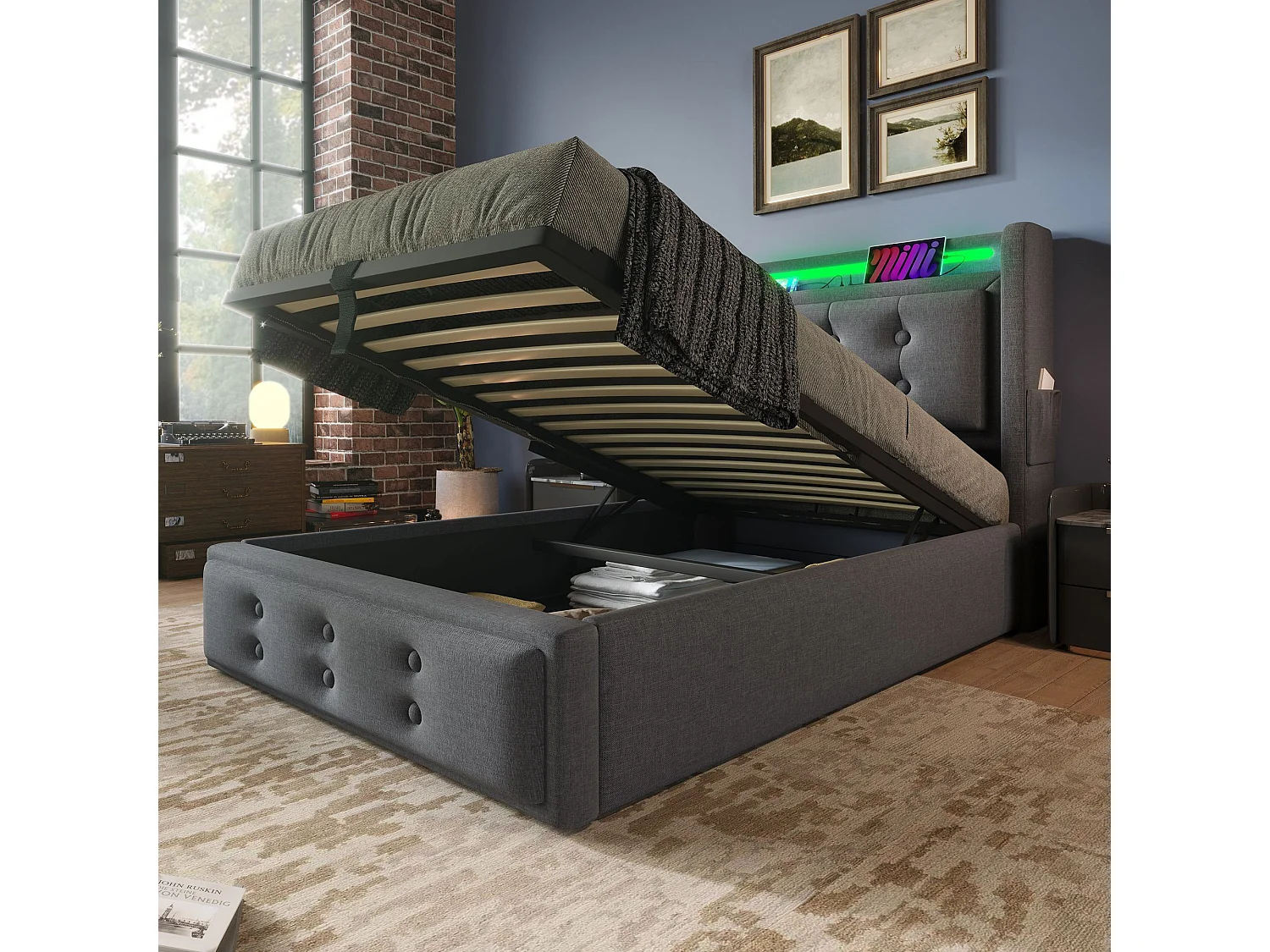 Cama individual estofada 90x200 com cabeceira LED e carregador USB C, cama hidráulica, cinzento (sem colchão)