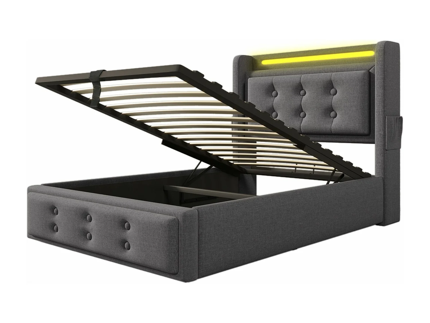 Cama individual estofada 90x200 com cabeceira LED e carregador USB C, cama hidráulica, cinzento (sem colchão)