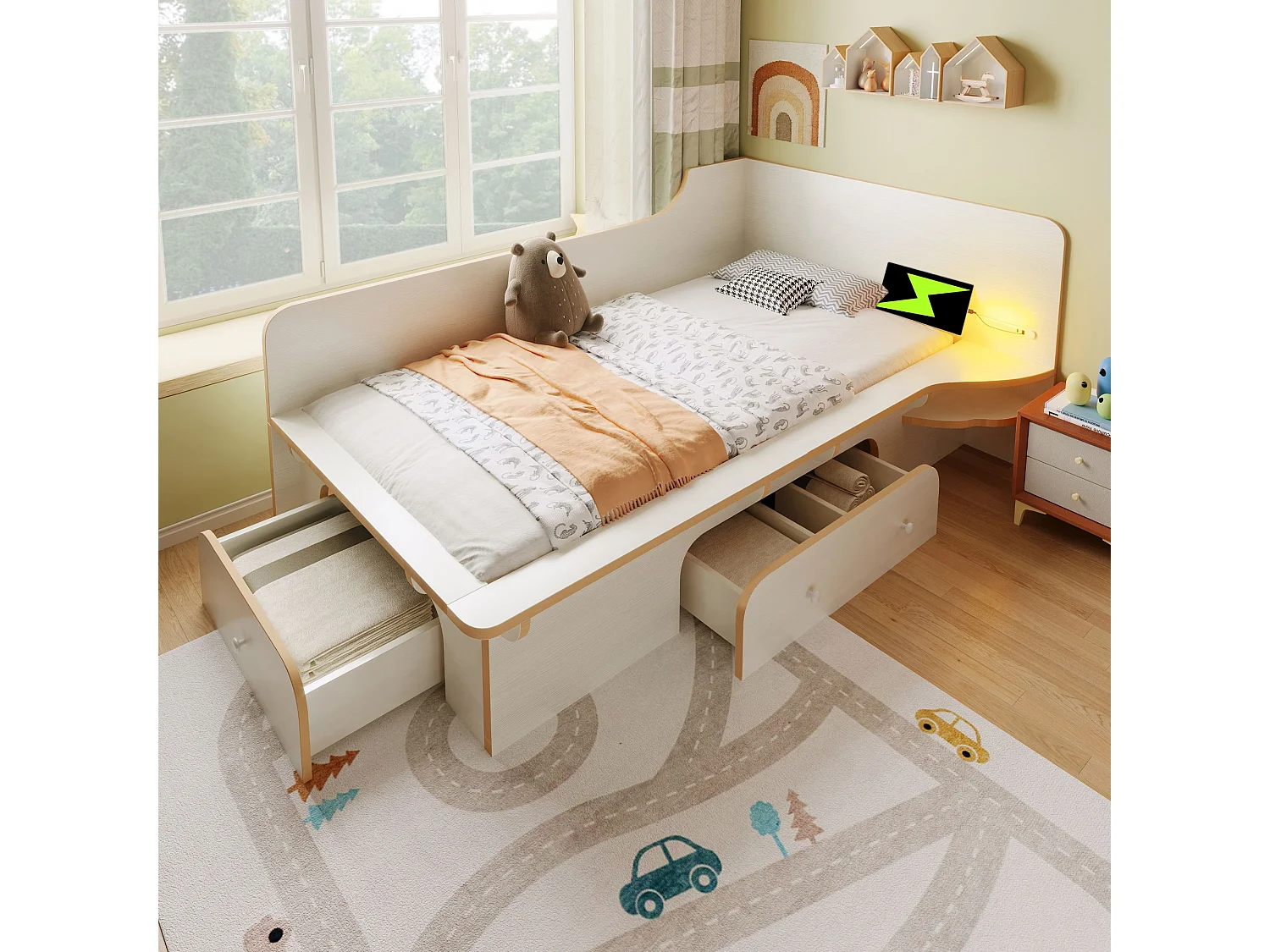 Lit d'enfant 90 x 200 cm, avec liseuse, USB, prise C et 3 tiroirs, design antidérapant, blanc