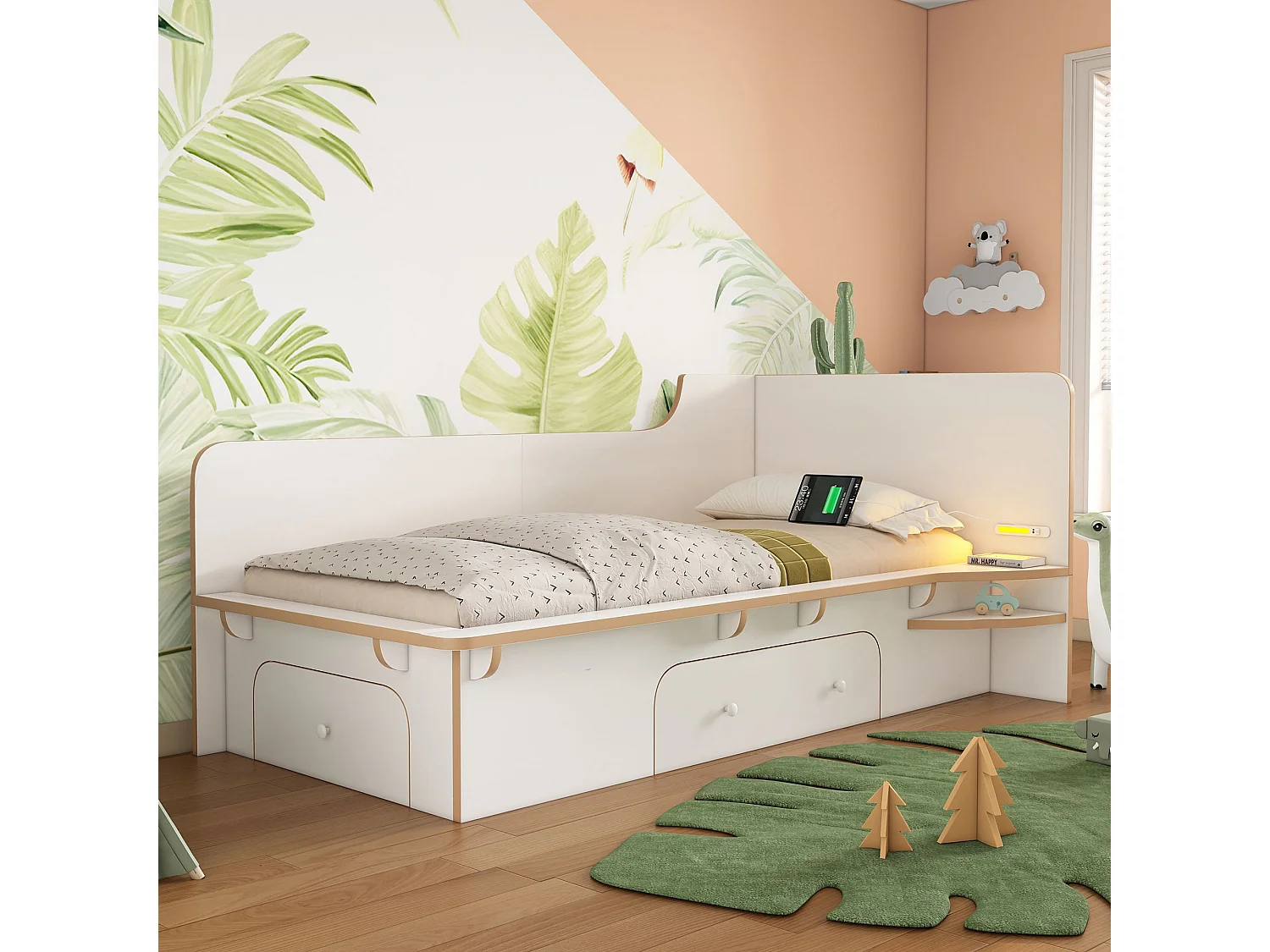 Lit d'enfant 90 x 200 cm, avec liseuse, USB, prise C et 3 tiroirs, design antidérapant, blanc