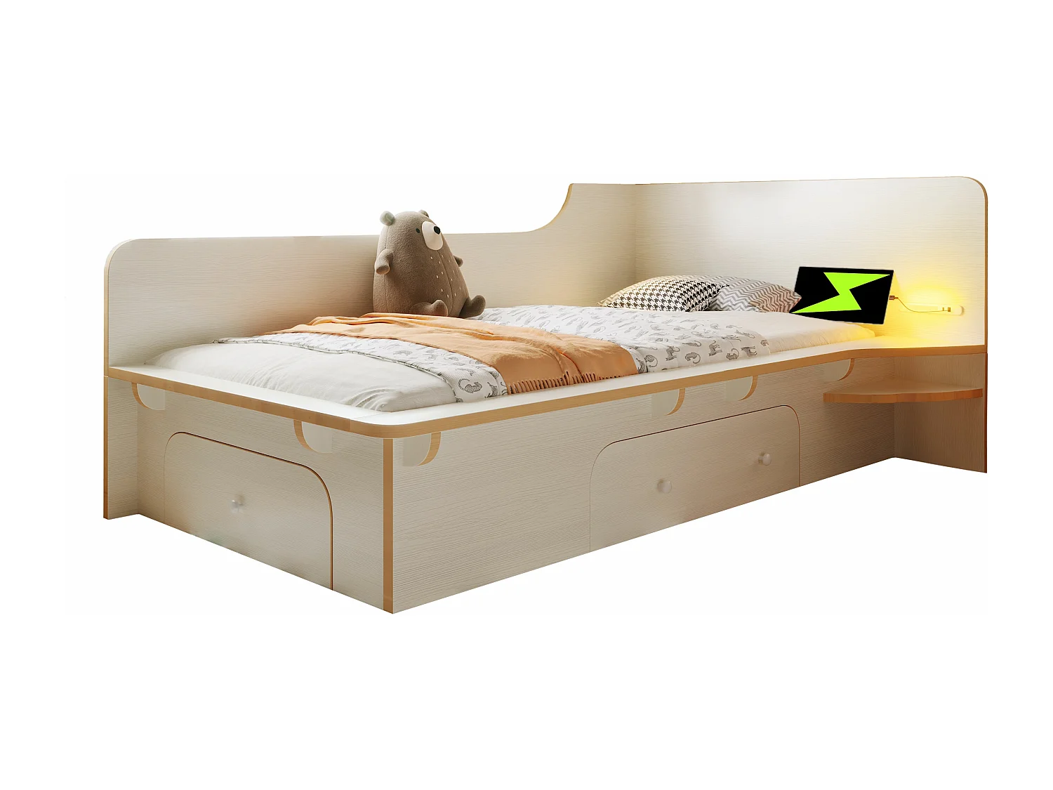 Lit d'enfant 90 x 200 cm, avec liseuse, USB, prise C et 3 tiroirs, design antidérapant, blanc