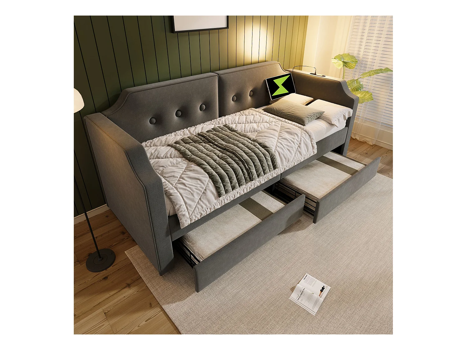 Canapé-lit rembourré 90x200 cm, avec liseuse USB Type-C, avec 2 tiroirs de rangement, gris (sans matelas).