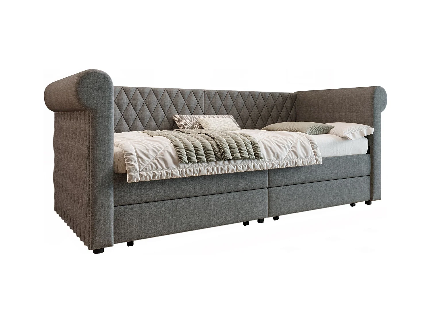 Polsterbett mit Vintage-Kopfteil, Schlafsofa 90x200 cm mit 2 Aufbewahrungsschubladen, grau (ohne Matratze)