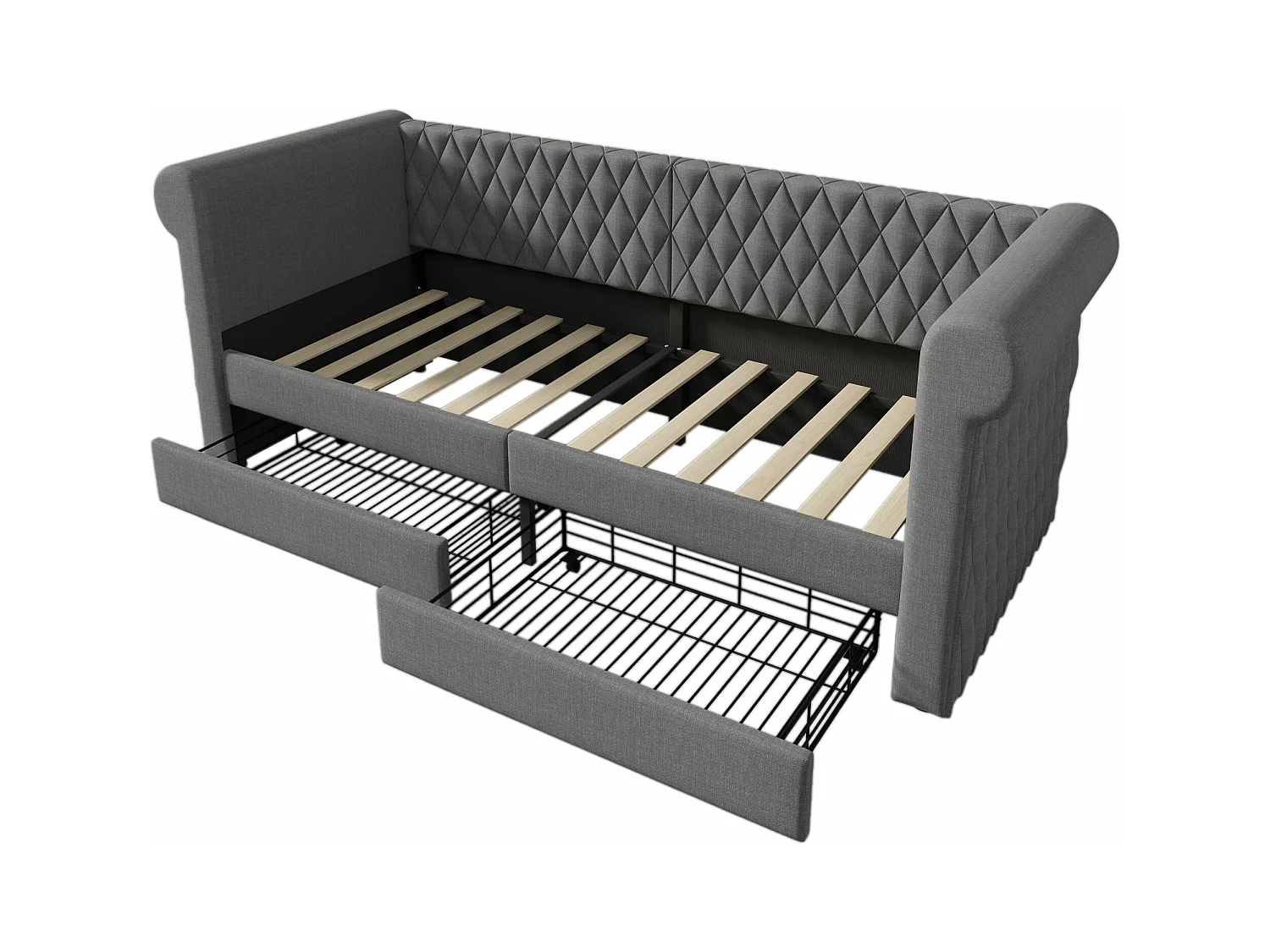 Polsterbett mit Vintage-Kopfteil, Schlafsofa 90x200 cm mit 2 Aufbewahrungsschubladen, grau (ohne Matratze)