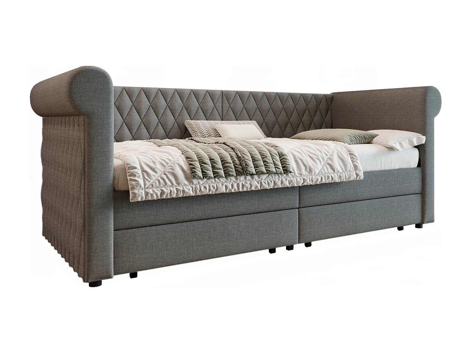 Gestoffeerd bed met vintage hoofdeinde, slaapbank 90x200 cm met 2 opbergladen, grijs (zonder matras)