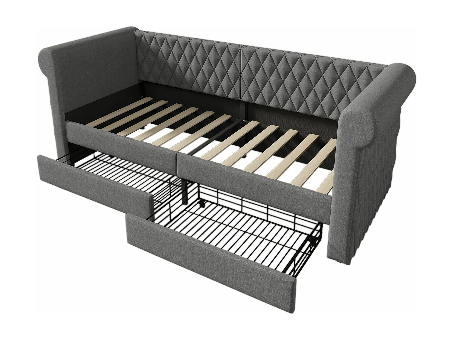 Gestoffeerd bed met vintage hoofdeinde, slaapbank 90x200 cm met 2 opbergladen, grijs (zonder matras)