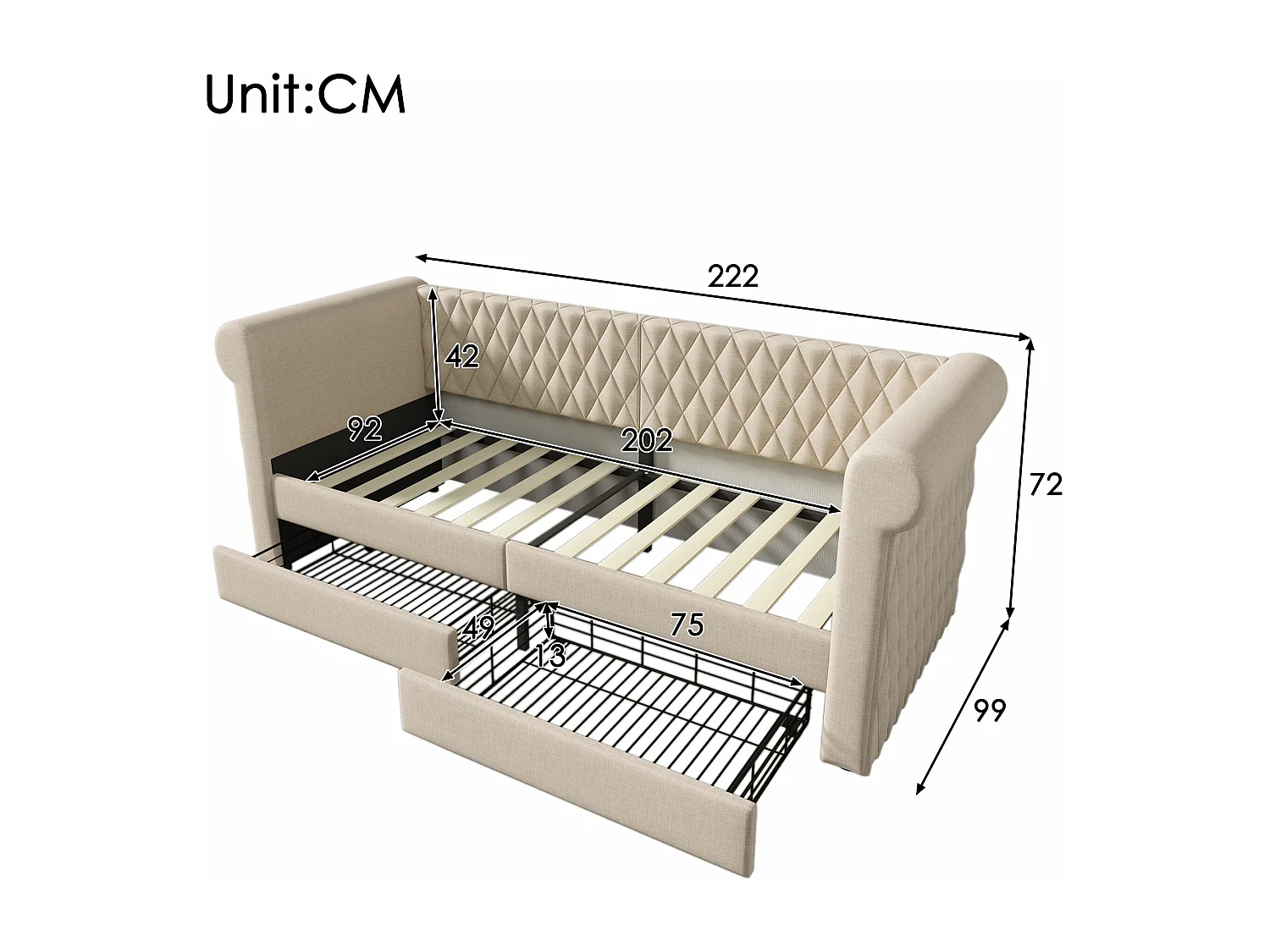 Sofá cama tapizado con cabecero retro 90x200 cm, con 2 cajones de almacenaje, beige (sin colchón)