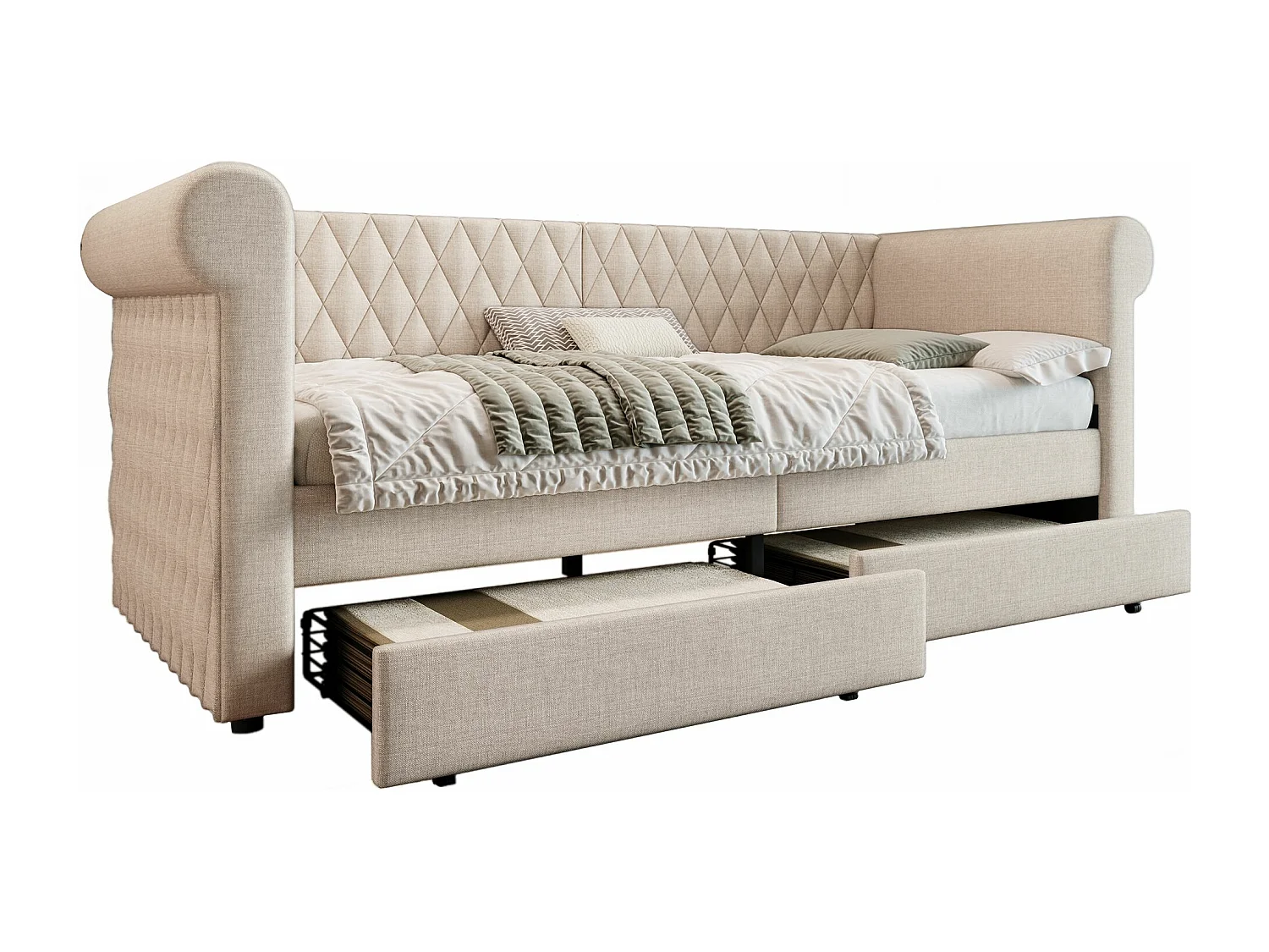 Sofá cama tapizado con cabecero retro 90x200 cm, con 2 cajones de almacenaje, beige (sin colchón)