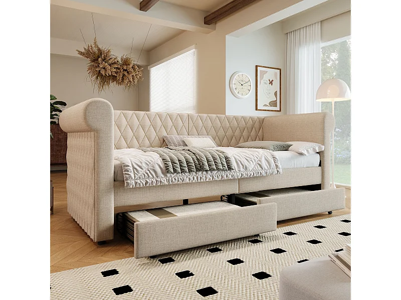 Gestoffeerde slaapbank met retro hoofdeinde 90x200 cm, met 2 opbergladen, beige (zonder matras)