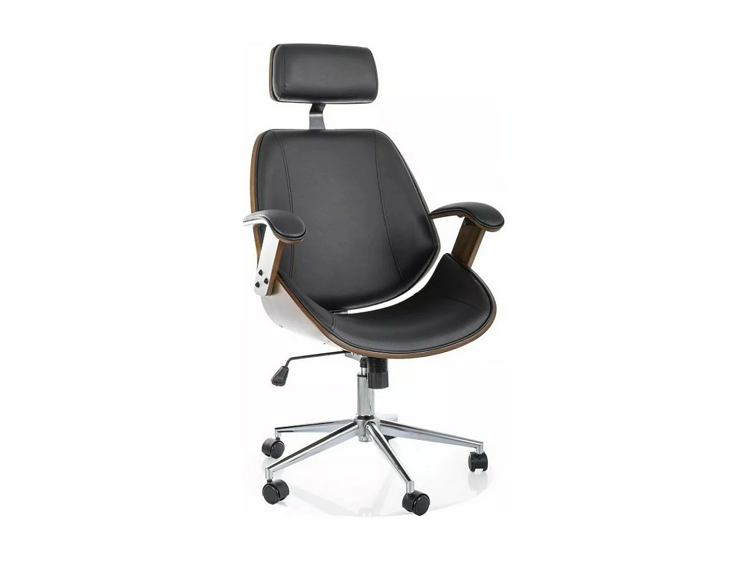 Silla de oficina de diseño en ecopiel negra y chapa de nogal Missouri