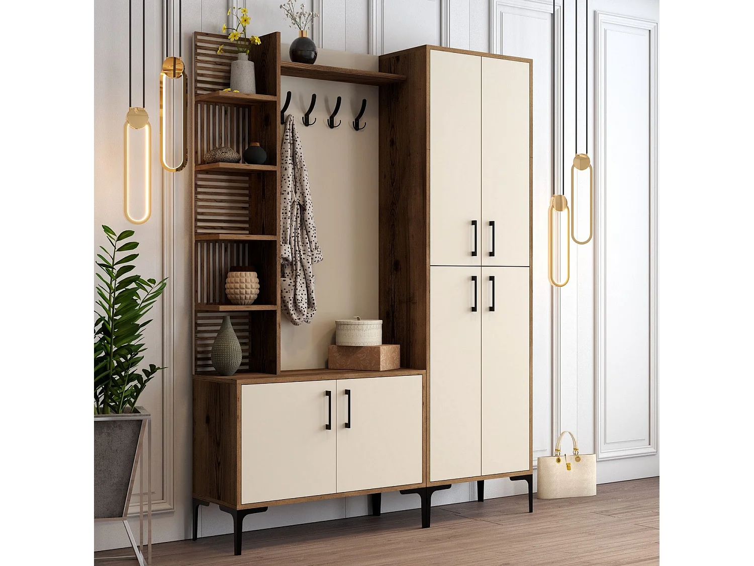 Ensemble armoire et porte manteau Vicente Bois foncé et Blanc crème