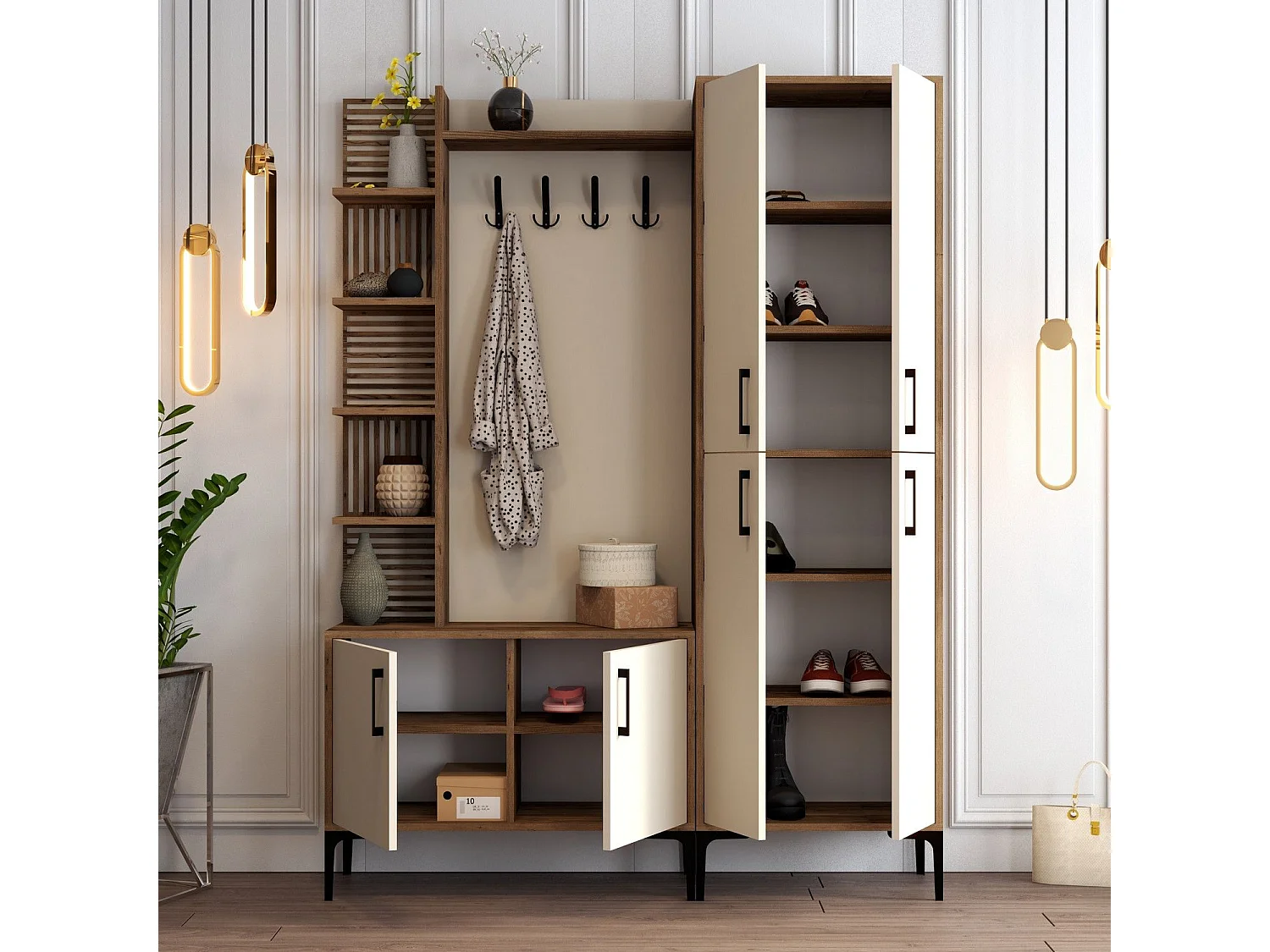 Ensemble armoire et porte manteau Vicente Bois foncé et Blanc crème