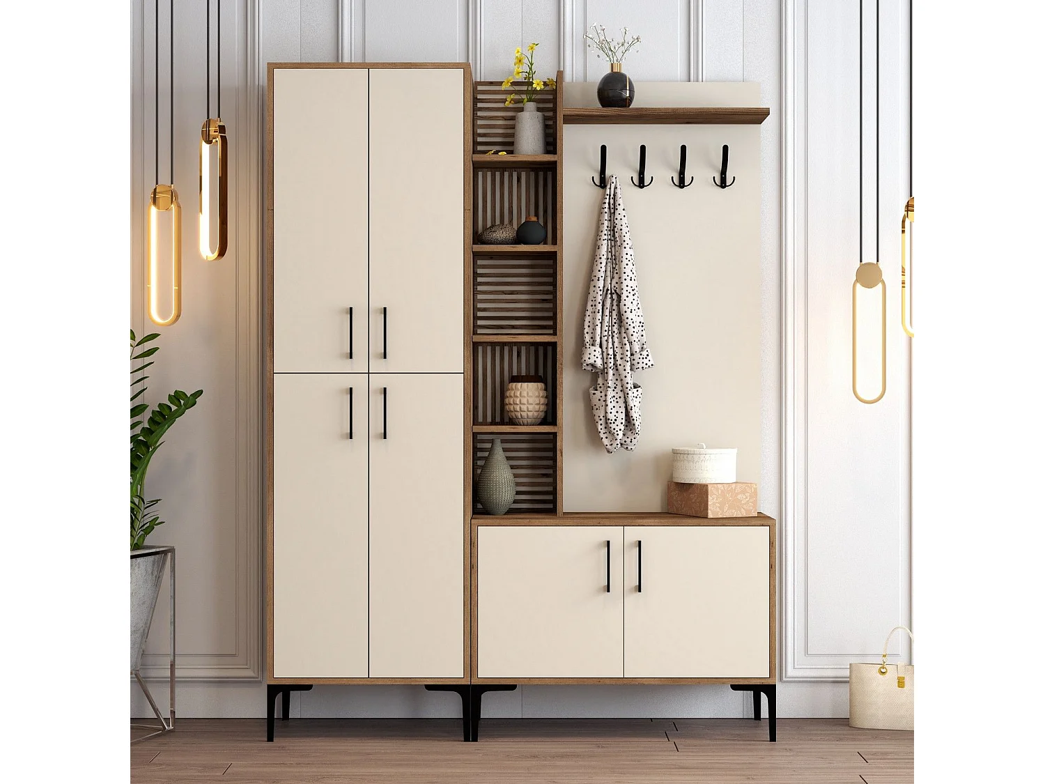 Ensemble armoire et porte manteau Vicente Bois foncé et Blanc crème