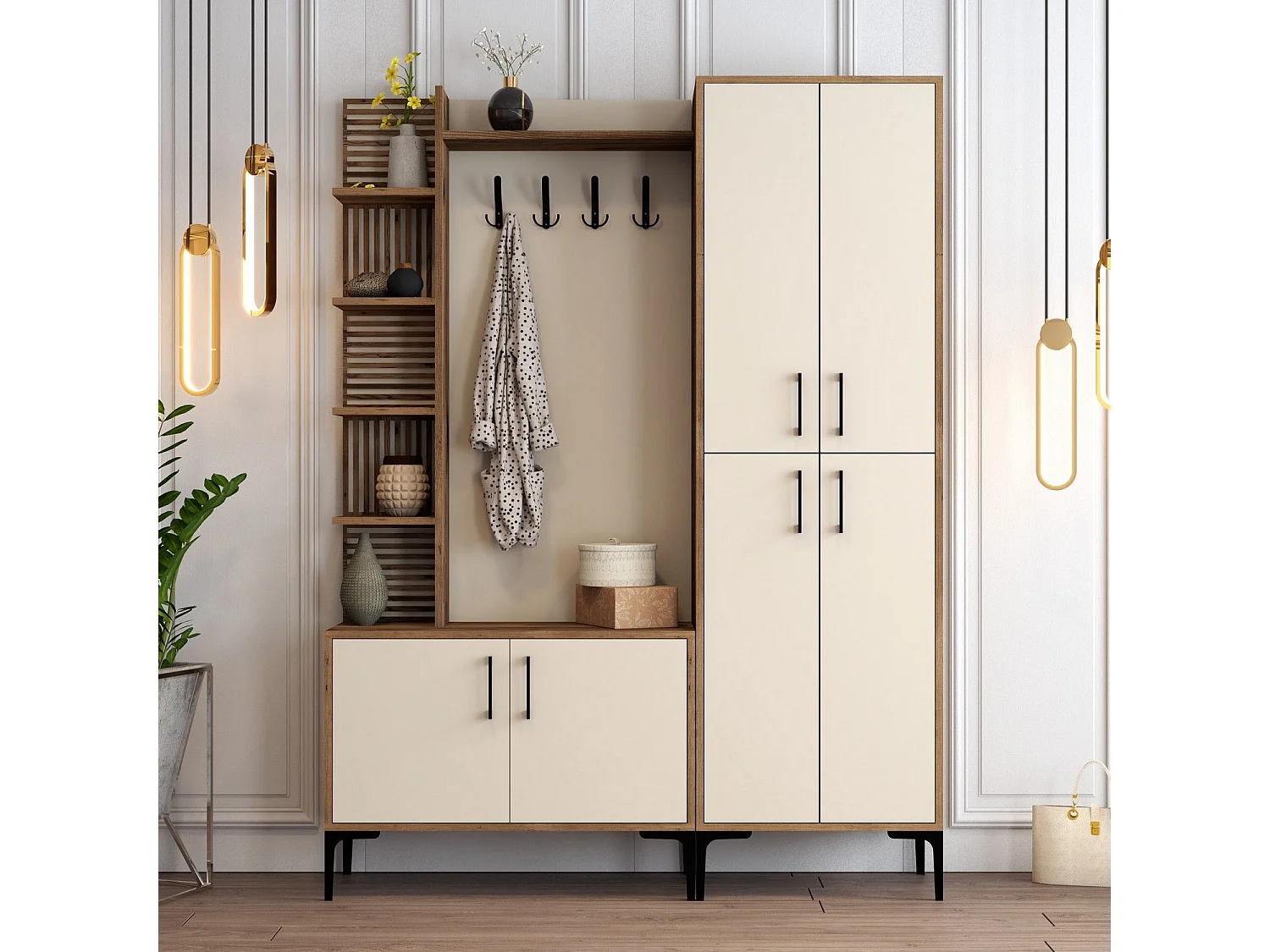 Ensemble armoire et porte manteau Vicente Bois foncé et Blanc crème