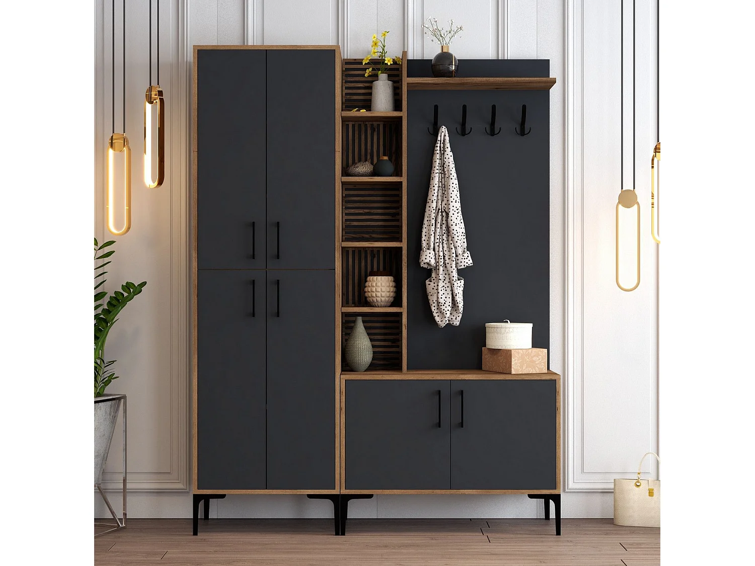 Ensemble armoire et porte manteau Vicente Bois foncé et Anthracite