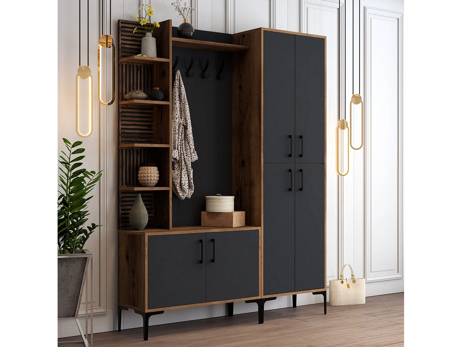 Ensemble armoire et porte manteau Vicente Bois foncé et Anthracite