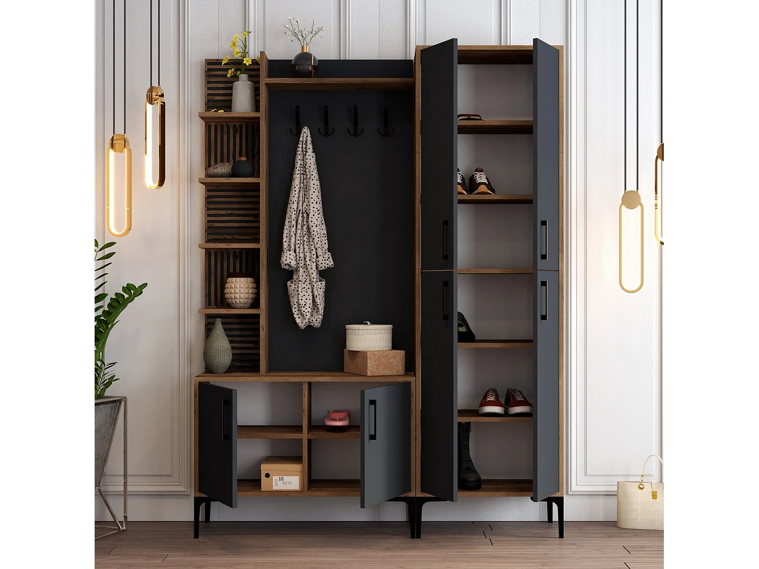 Ensemble armoire et porte manteau Vicente Bois foncé et Anthracite