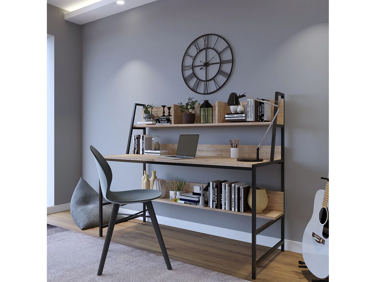 Bureau 2 étagères intégrées Paul L140xH122cm Bois Chêne clair et Métal Noir