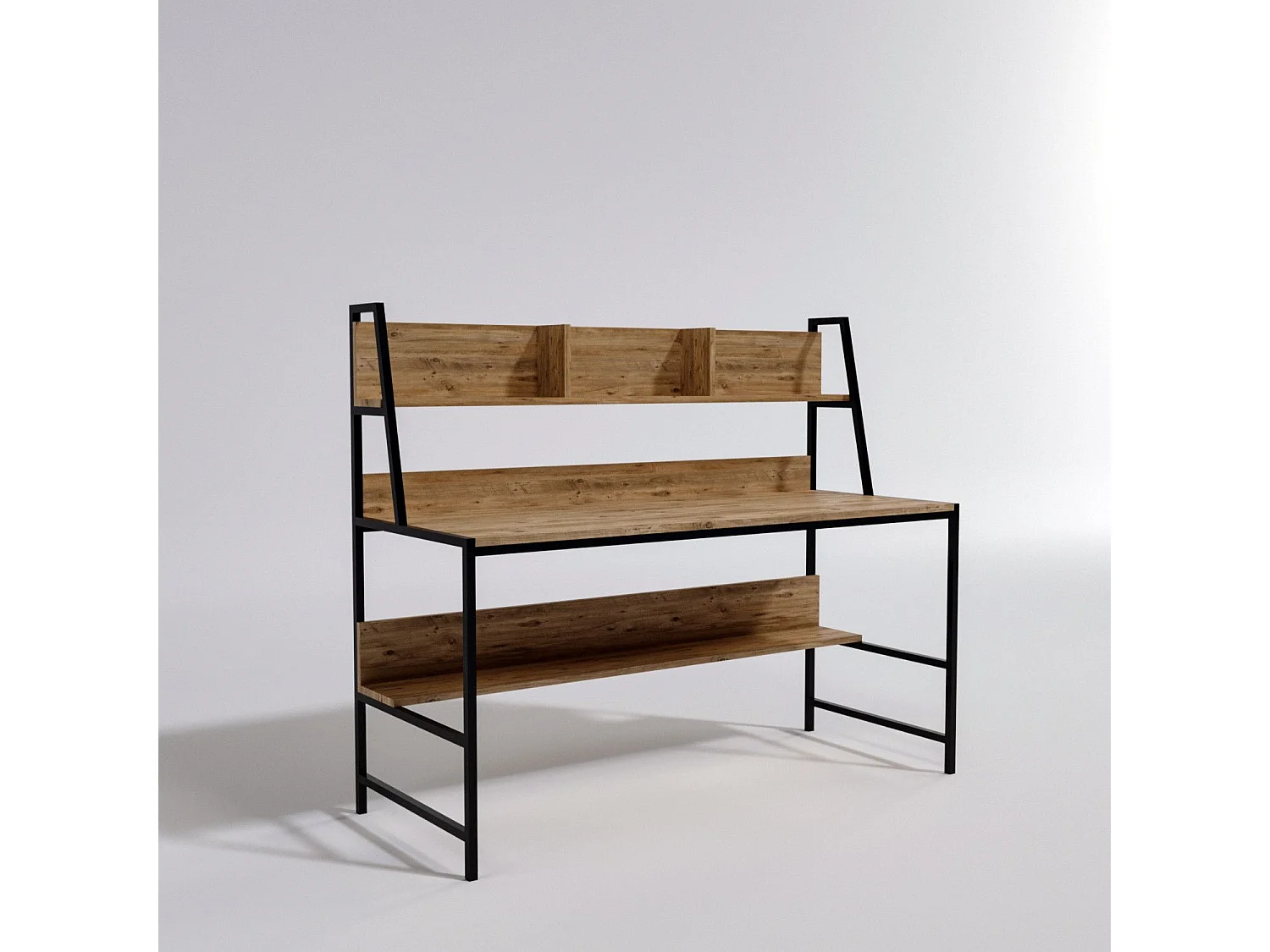 Bureau 2 étagères intégrées Paul L140xH122cm Bois Chêne clair et Métal Noir