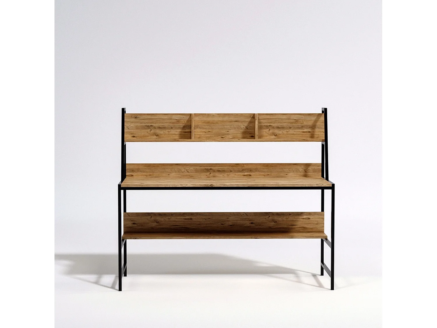 Bureau 2 étagères intégrées Paul L140xH122cm Bois Chêne clair et Métal Noir