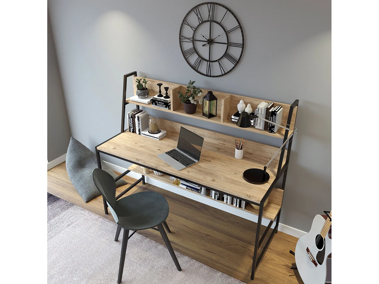 Bureau 2 étagères intégrées Paul L140xH122cm Bois Chêne clair et Métal Noir