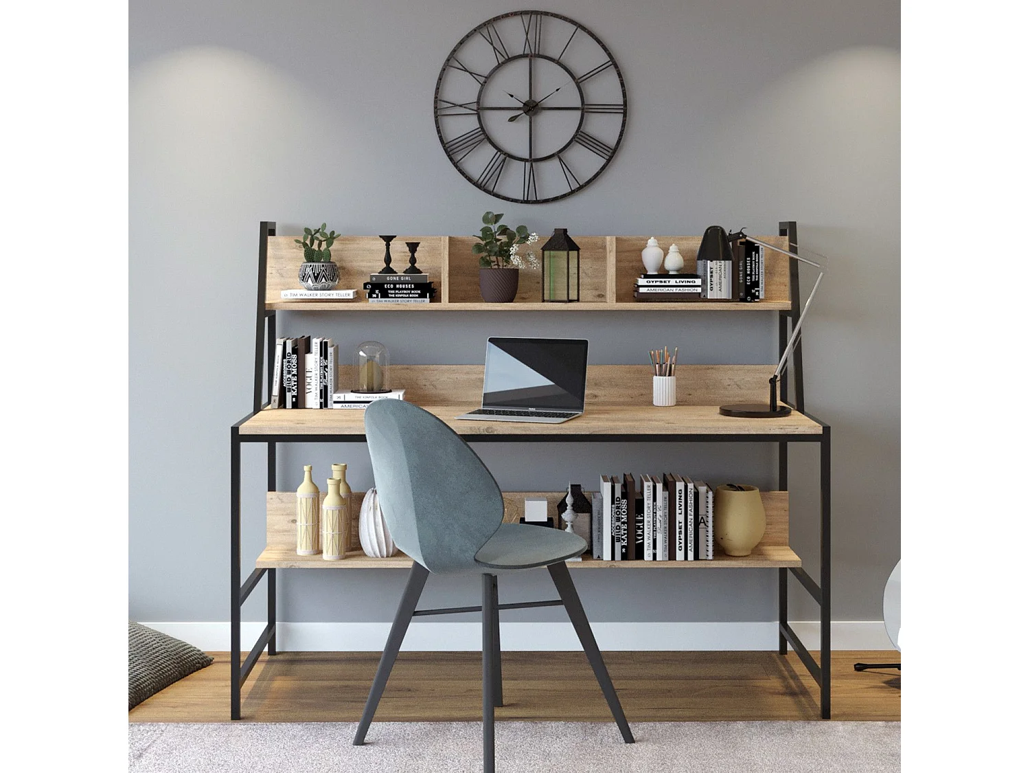 Bureau 2 étagères intégrées Paul L140xH122cm Bois Chêne clair et Métal Noir