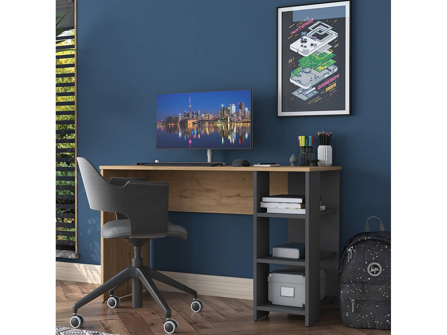 Bureau avec étagère Libanius L120cm Bois foncé et Anthracite