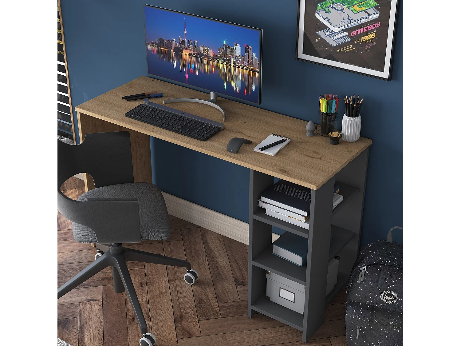 Bureau avec étagère Libanius L120cm Bois foncé et Anthracite