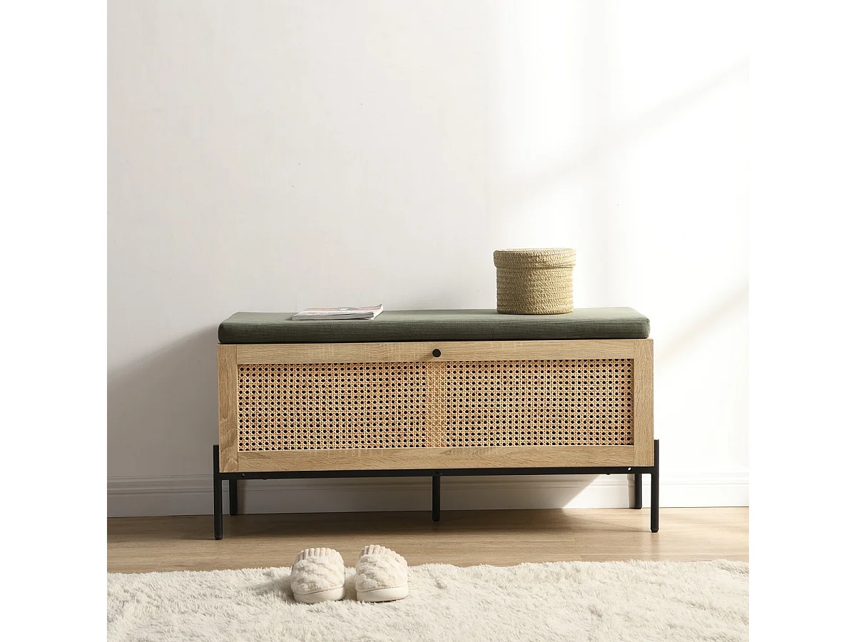Banc d'entrée avec rangement pour chaussures en bois et cannage 100 cm - Iris