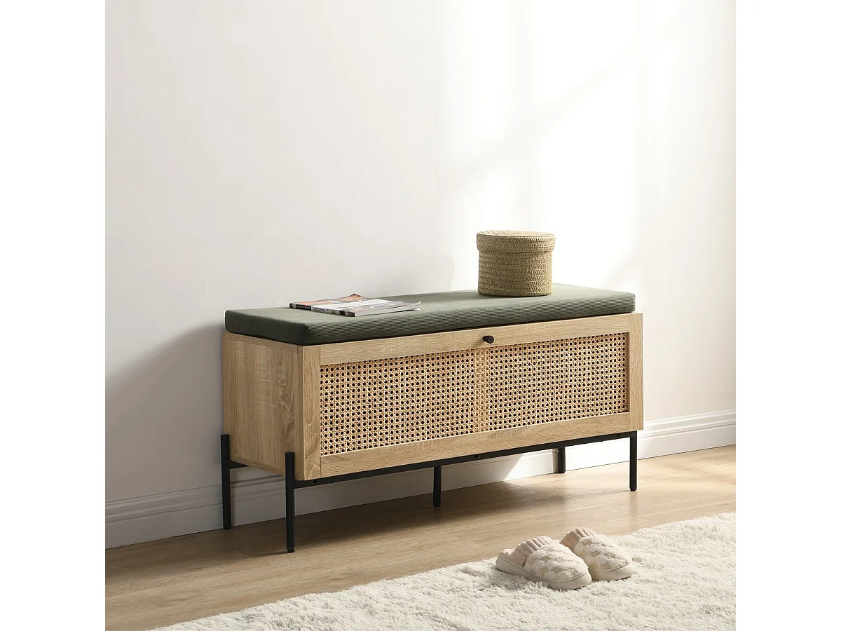 Banc d'entrée avec rangement pour chaussures en bois et cannage 100 cm - Iris