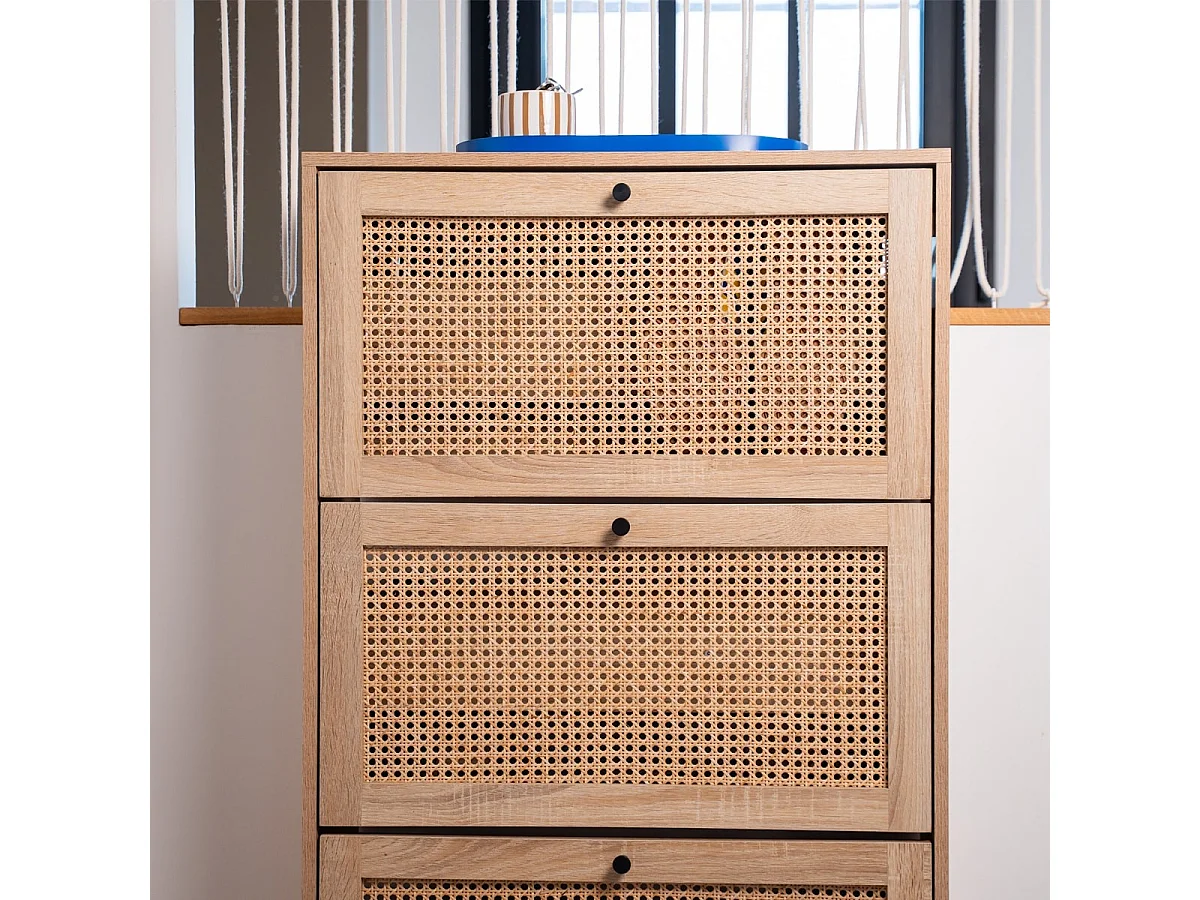 Meuble à chaussures 3 portes en cannage et effet chêne 70 cm - Iris