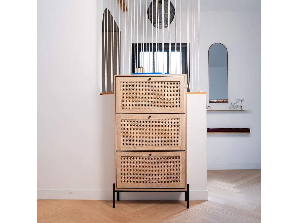 Meuble à chaussures 3 portes en cannage et effet chêne 70 cm - Iris