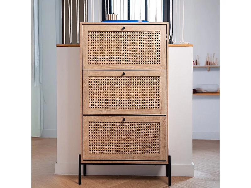 Meuble à chaussures 3 portes en cannage et effet chêne 70 cm - Iris