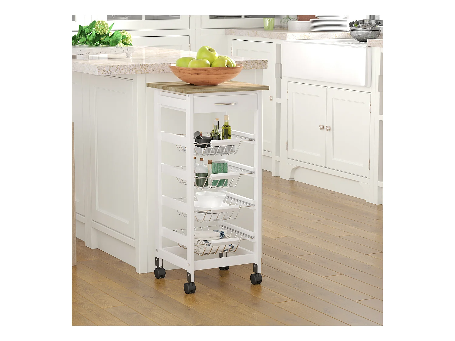 Desserte chariot de cuisine sur roulettes - 4 paniers coulissants, tiroir, plateau - bois blanc MDF bois clair