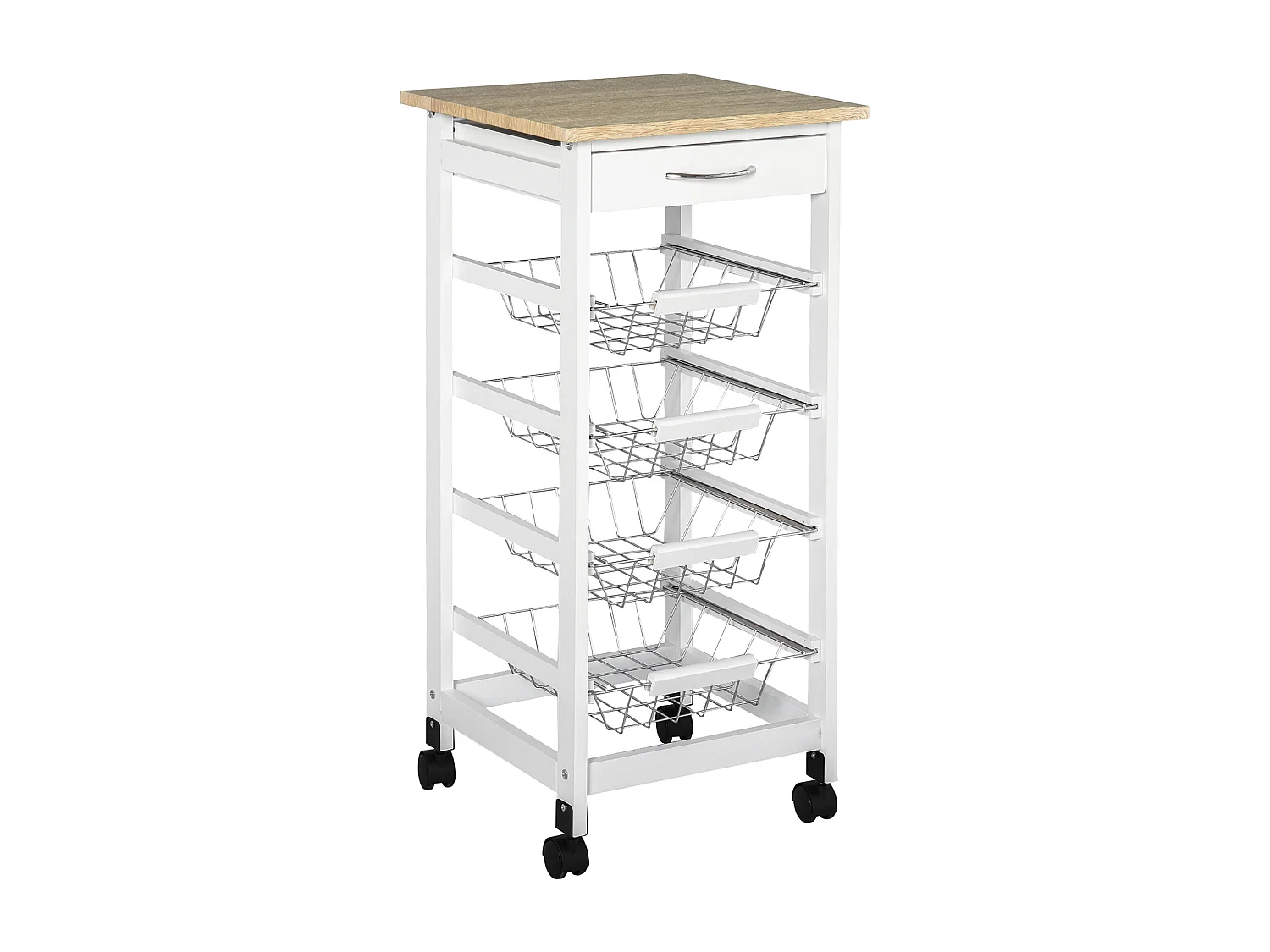 Desserte chariot de cuisine sur roulettes - 4 paniers coulissants, tiroir, plateau - bois blanc MDF bois clair
