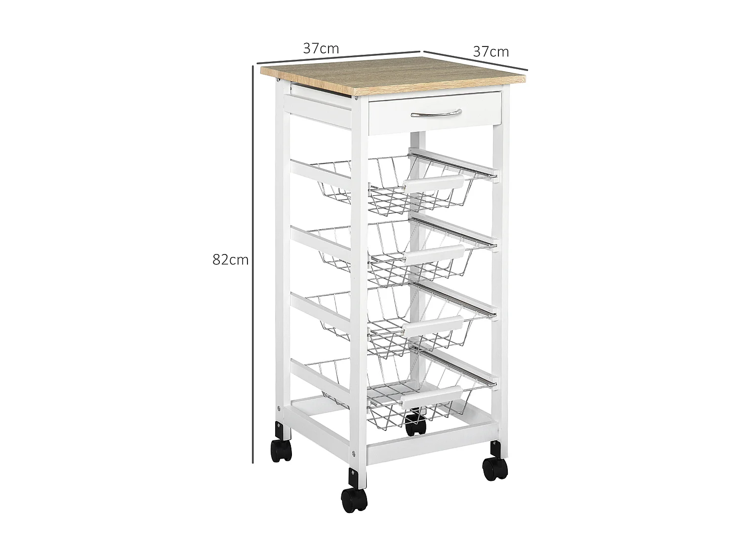 Desserte chariot de cuisine sur roulettes - 4 paniers coulissants, tiroir, plateau - bois blanc MDF bois clair