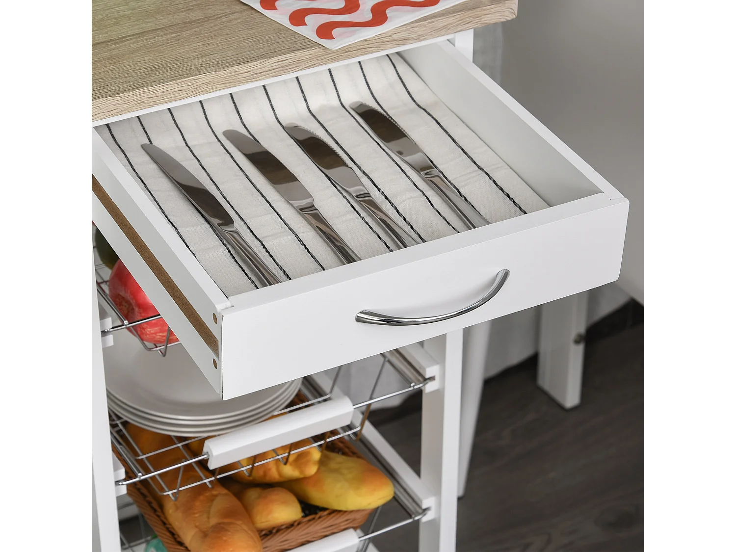 Desserte chariot de cuisine sur roulettes - 4 paniers coulissants, tiroir, plateau - bois blanc MDF bois clair
