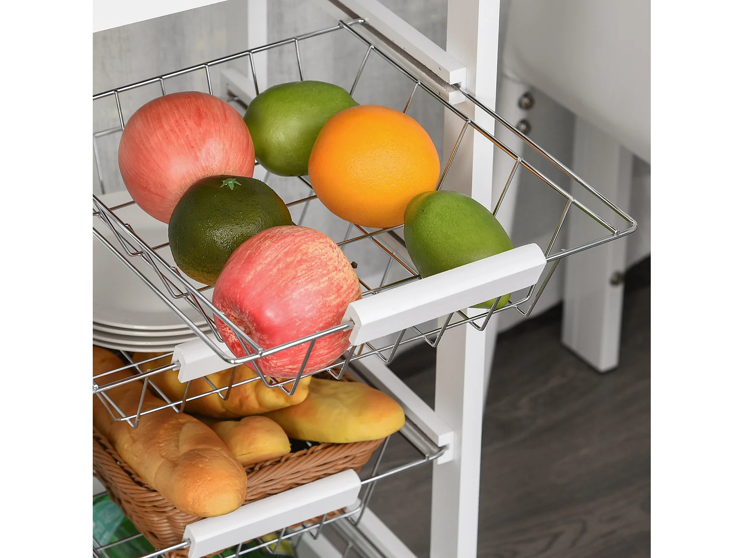 Desserte chariot de cuisine sur roulettes - 4 paniers coulissants, tiroir, plateau - bois blanc MDF bois clair