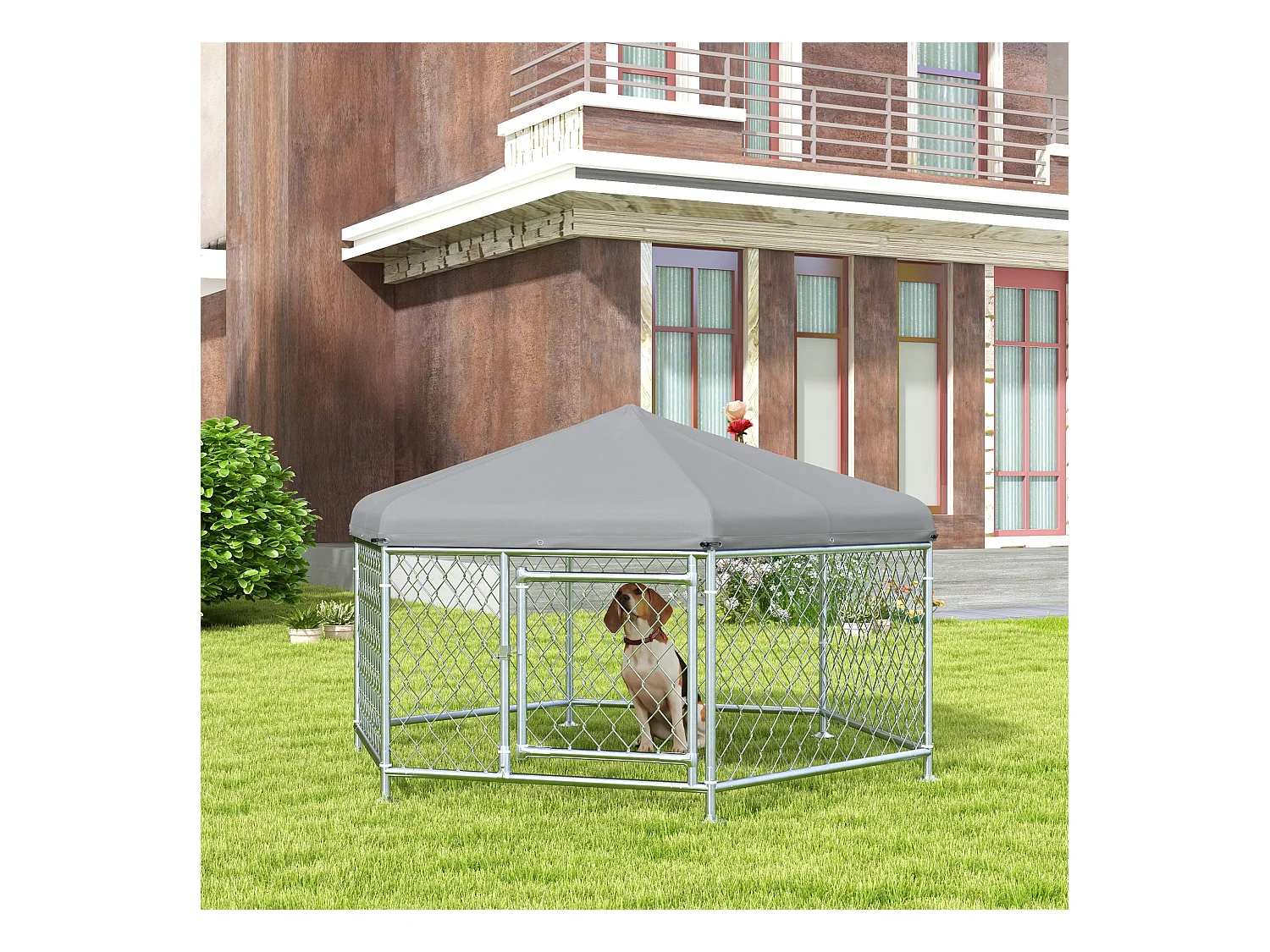 Chenil pour chien entièrement couvert - enclos chien - dim. 210L x 185l x 120H cm - porte verrouillable - acier galvanisé gris