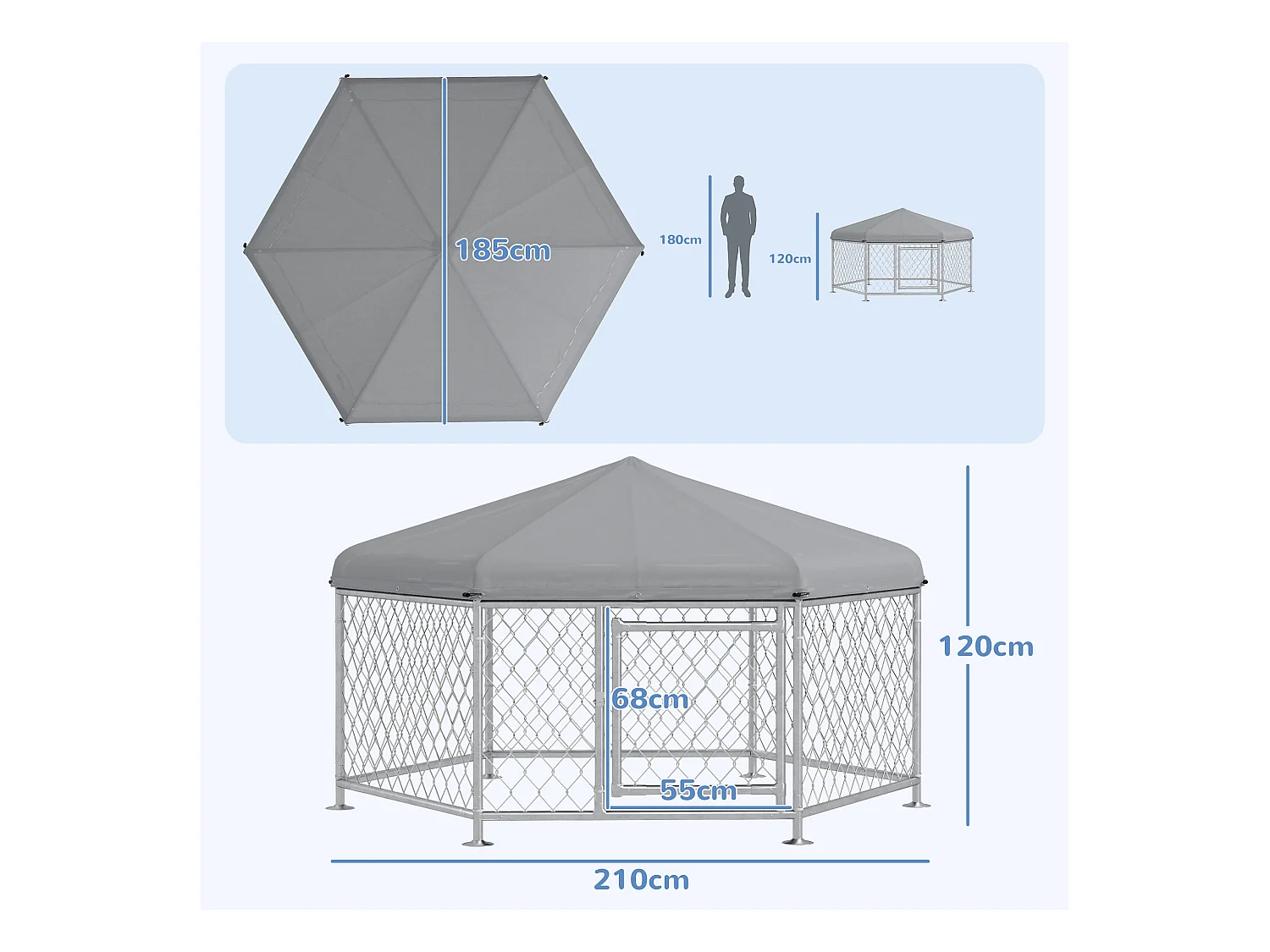 Chenil pour chien entièrement couvert - enclos chien - dim. 210L x 185l x 120H cm - porte verrouillable - acier galvanisé gris