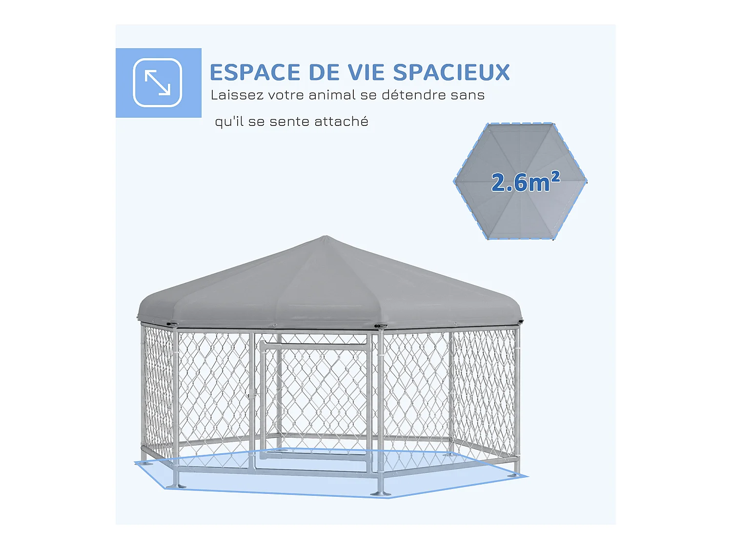 Chenil pour chien entièrement couvert - enclos chien - dim. 210L x 185l x 120H cm - porte verrouillable - acier galvanisé gris