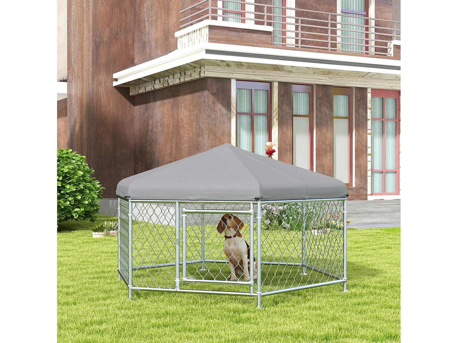 Chenil pour chien entièrement couvert - enclos chien - dim. 210L x 185l x 120H cm - porte verrouillable - acier galvanisé gris