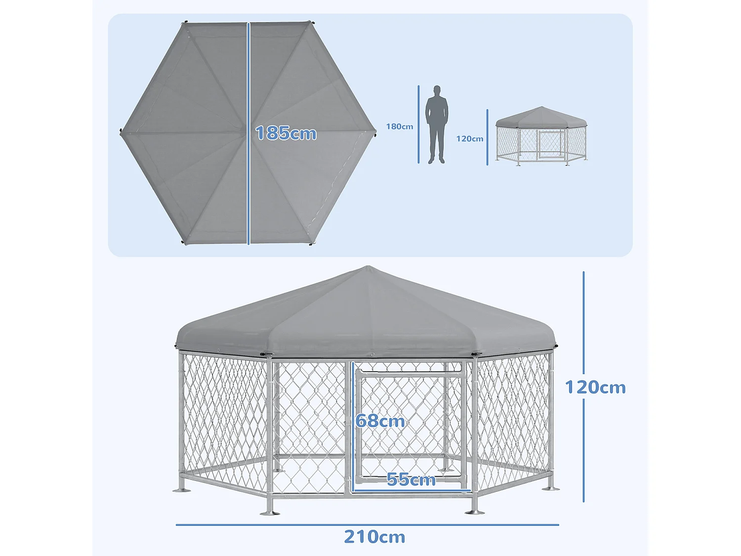 Chenil pour chien entièrement couvert - enclos chien - dim. 210L x 185l x 120H cm - porte verrouillable - acier galvanisé gris